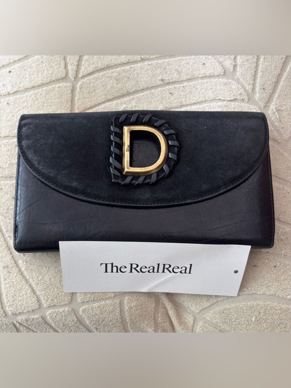 Vintage Dior Black Leather Continental Wallet with Gold 'D' Emblem